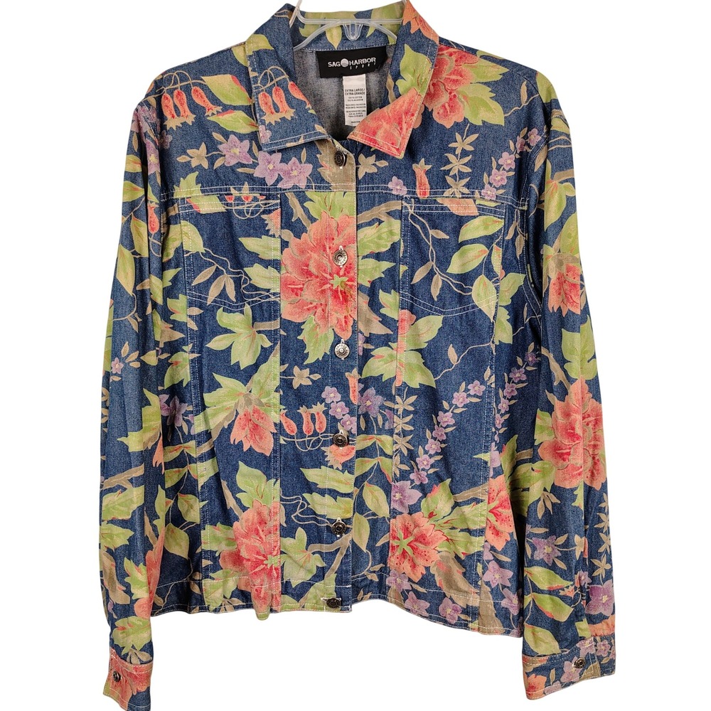 Sag Harbor Womens XL Floral Denim Jacket Multicolor Cotton Cottagecore Boho